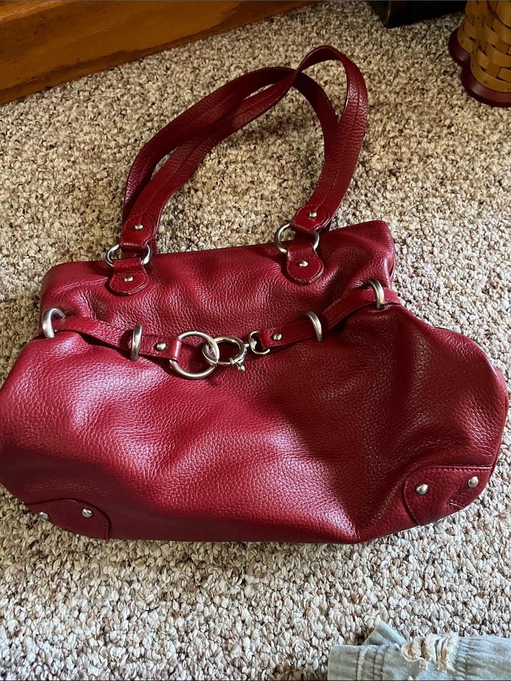 Women's Red Leather Shoulder Bag with Silver Hardware